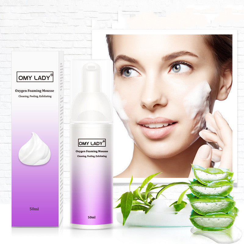 OMY LADY Cleansing Mousse 50ml with aloe and foam texture shown on model's face, ideal for blackhead removal and oil control skincare routine.