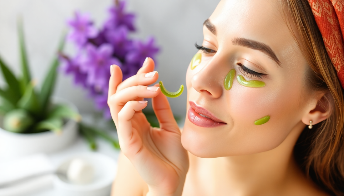 A woman applying aloe vera gel for glowing skin